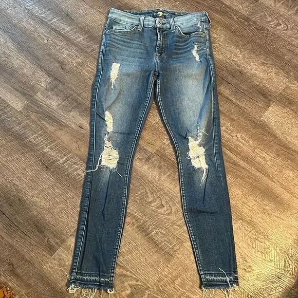 7 For All Mankind Distressed Skinny Jeans Sz 26 Raw Hem Stretch Denim - Picture 2 of 12